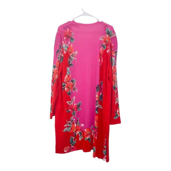 CHICOS Womens 2 Red & Pink Floral Long Sleeve Open Cardigan Kimono Long Duster - Picture 2 of 14